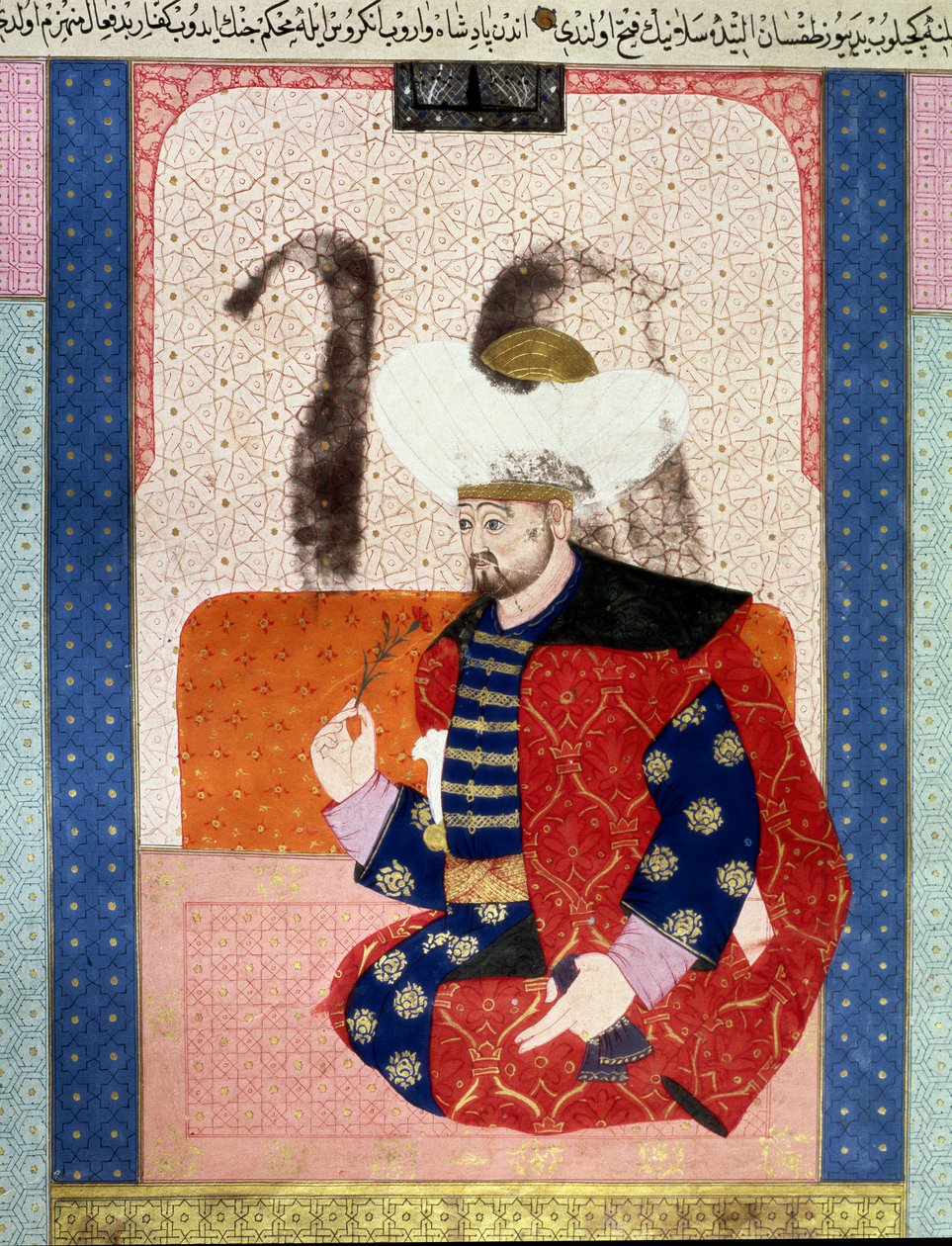 Osmanisches Reich: Porträt von Bayazid I, bekannt als Yildirim (Blitz), Miniatur aus dem Manuskript Zubdatat-al-Tawarikh von Seyyid Loqman Ashuri von Ottoman School