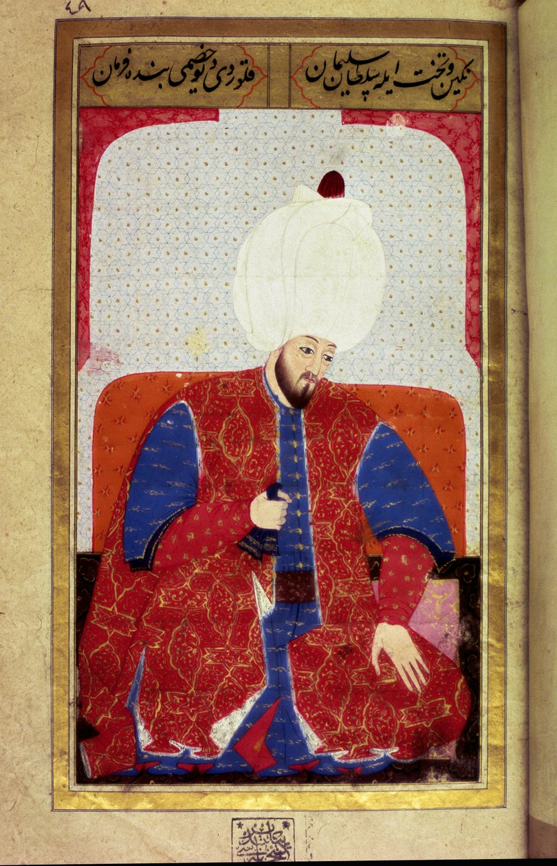 Soliman I der Prächtige, Sultan des Osmanischen Reiches, Miniatur aus dem Manuskript Human Physiognomy von Seyyid Lokman Hussein von Ottoman School