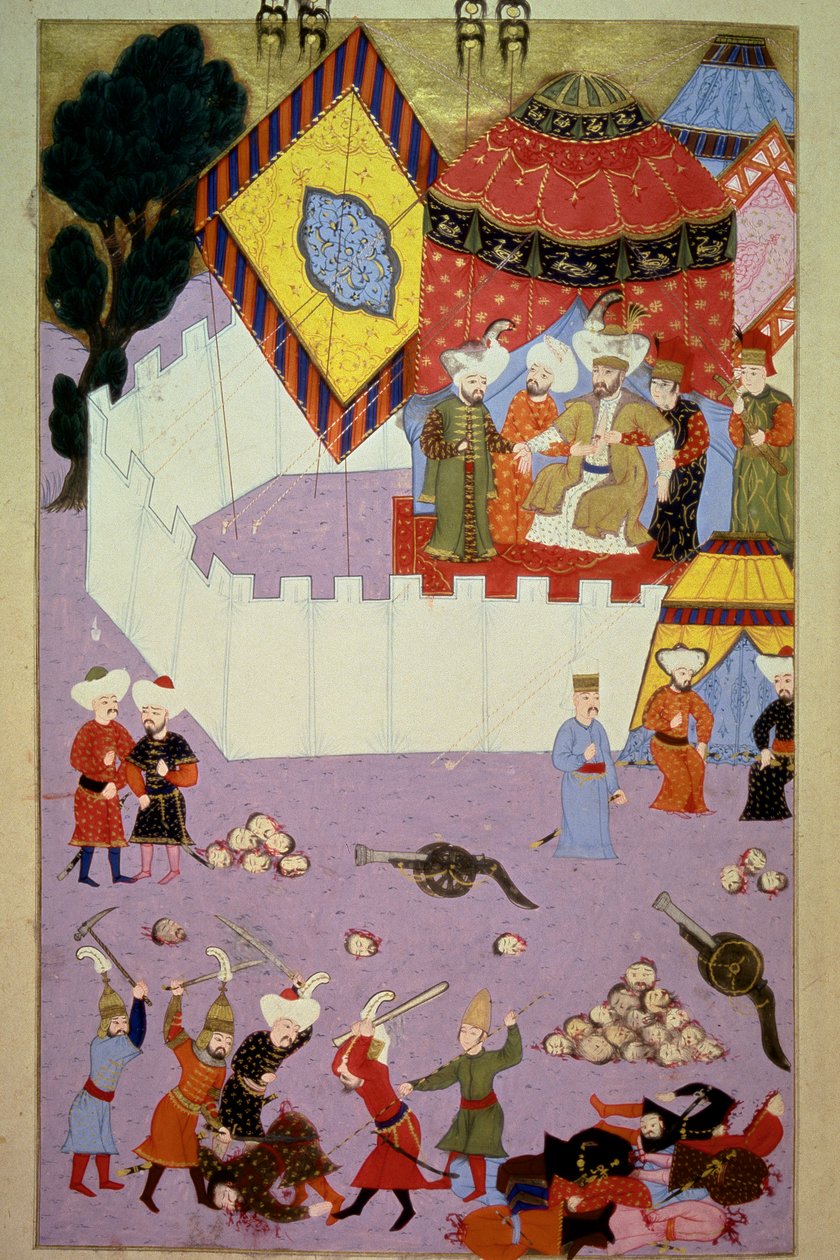 Die Ermordung von Sultan Murad I. (1326-1389) durch den serbischen Ritter Milos Obilic in der Schlacht von Kosovo nach dem Sieg der Osmanen über die Serben. Miniatur aus Lokmans „Hunername“, Band 1 (H 1523, f.7) 1584. Topkapi Sarayi Istanbul von Ottoman School