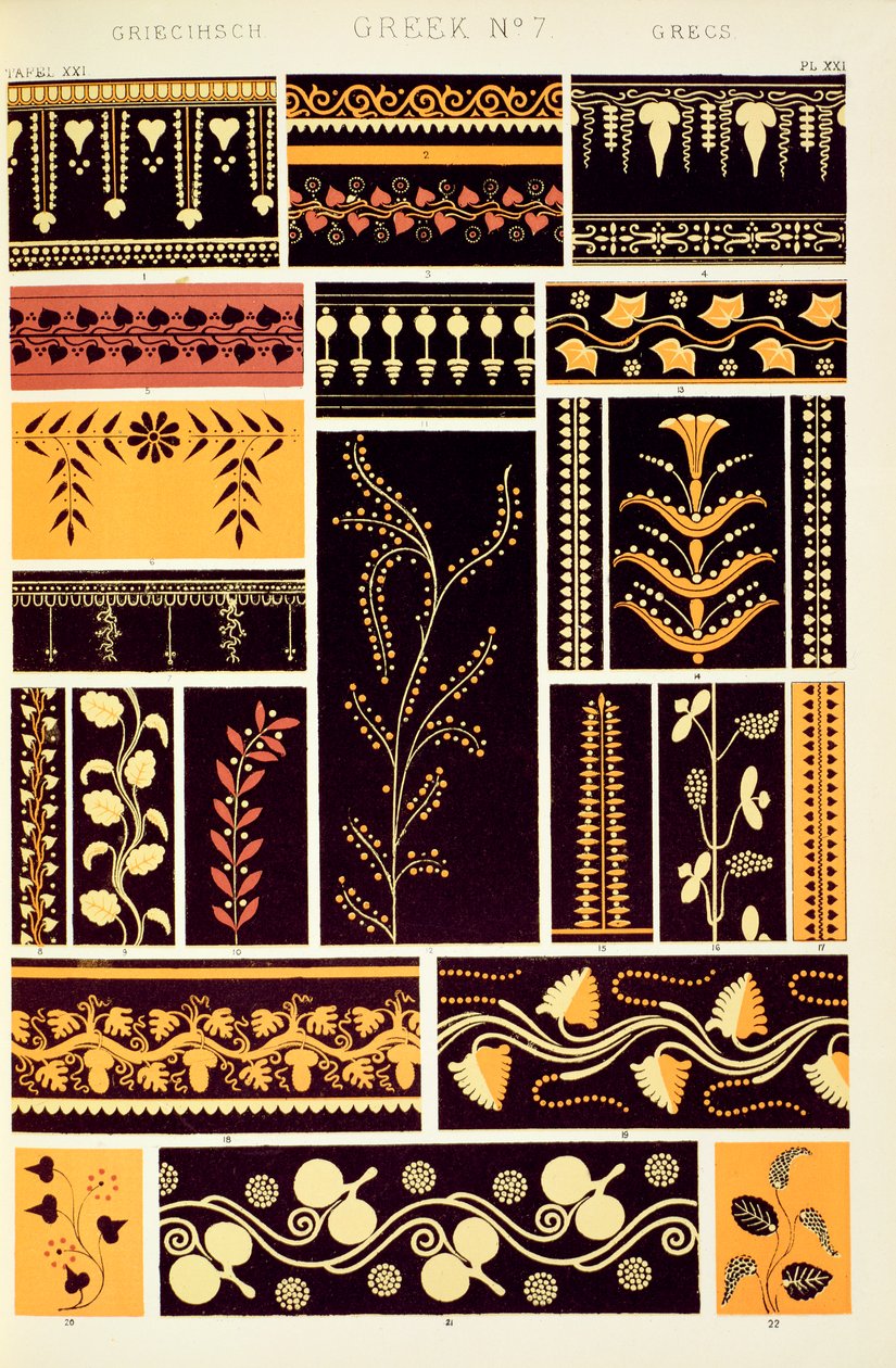Ornamente von griechischen und etruskischen Vasen im British Museum und im Louvre aus Kapitel IV, Tafel XXI von 