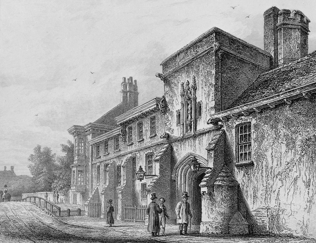 College Gate und Wardens Lodge Winchester, um 1830 von Owen Brown Carter