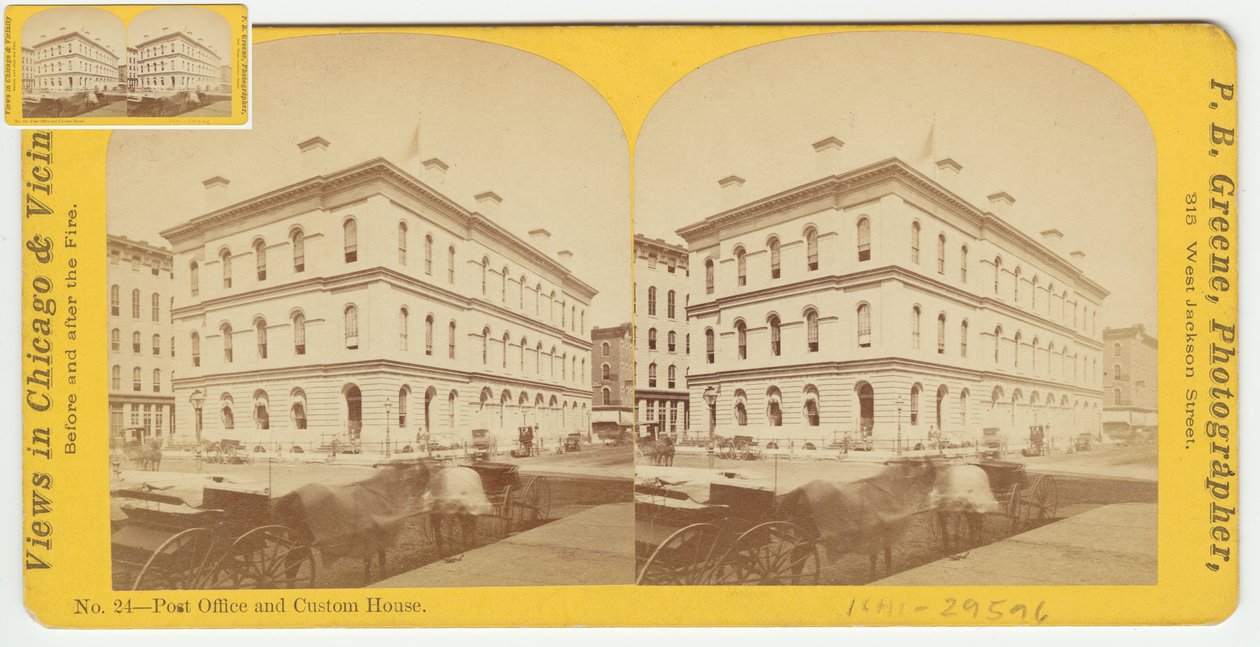 Stereofotografie des Postamts und Zollhauses vor dem Brand von Chicago 1871, 1871 von P.B. Greene