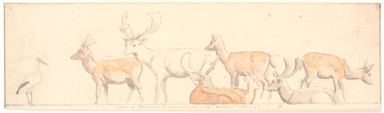 Eine Gruppe Hirsche und ein Storch von P.C. Skovgaard
