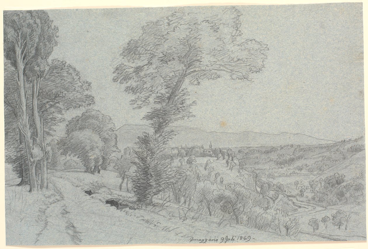 Italienische Berglandschaft mit Blick auf "Genazzano 9. Juli 1869." von P.C. Skovgaard