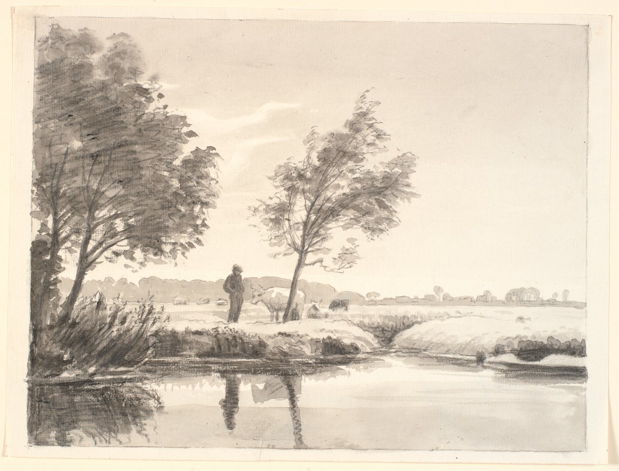 Landschaft mit Feldern, Bäumen, Kühen und einem Bauern, der sich im Vordergrund im Wasser spiegelt von P.C. Skovgaard