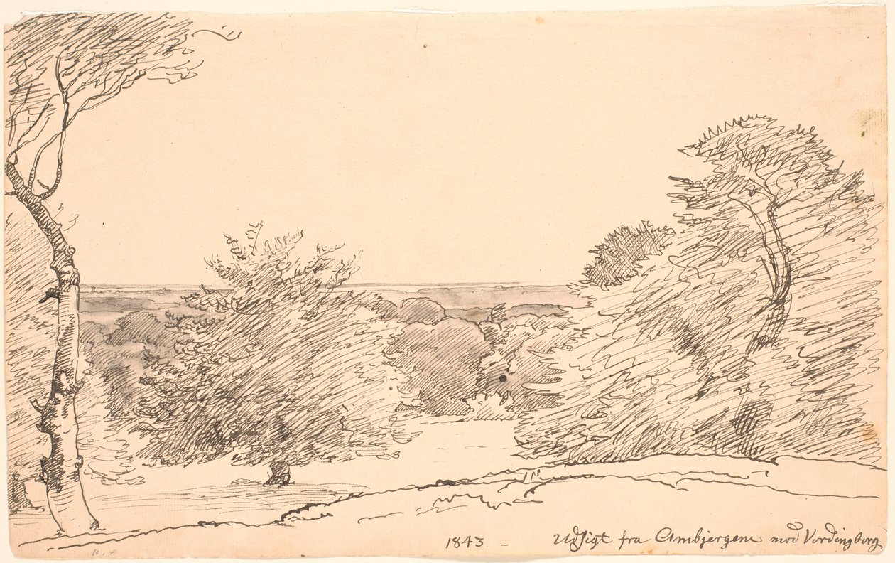 Landschaft mit Bäumen und weitem Blick von Ambjergene nach Vordingborg von P.C. Skovgaard