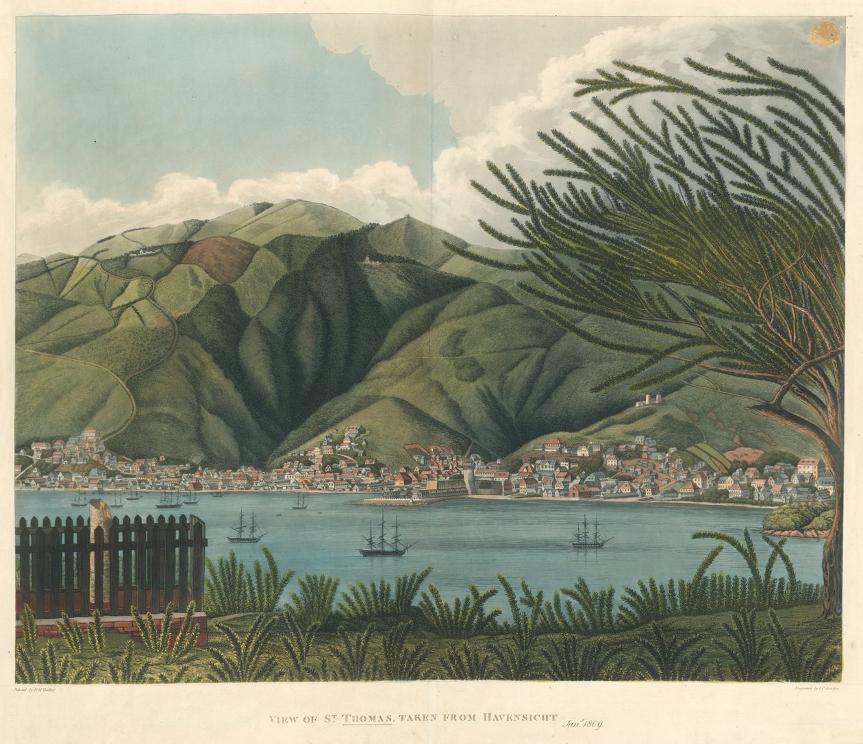 Ansicht von St. Thomas, aufgenommen von Havensicht, 18. Januar, Lithographie von Joseph Constantine Stadler von P. M. (after) Vieillot