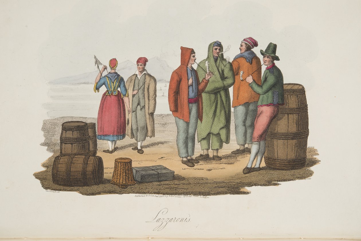 Lazzaroni aus Italian Scenery, Darstellung der Sitten, Bräuche und Vergnügungen der verschiedenen Staaten Italiens, veröffentlicht 1806 von P. van (after) Lerberghi