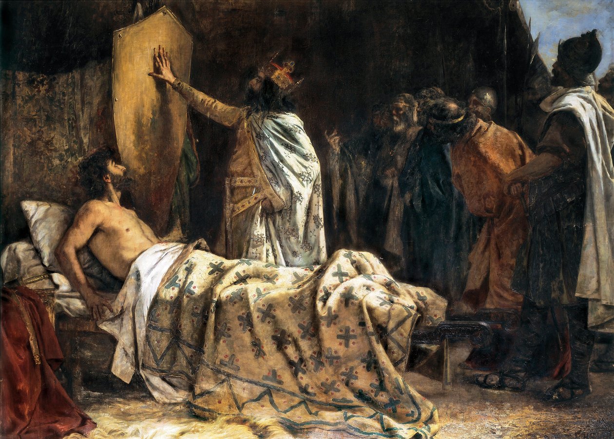 Tod von Graf Wilfred dem Haarigen (840-897), spätes 19. - frühes 20. Jahrhundert (Öl auf Leinwand) von Pablo Antonio Béjar Novella