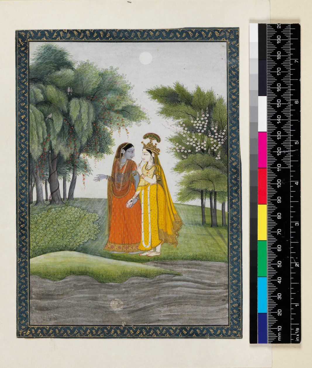 Krishna und Radha spazieren im Mondlicht am Jumna entlang, nachdem sie die Kleider getauscht haben, aus dem 