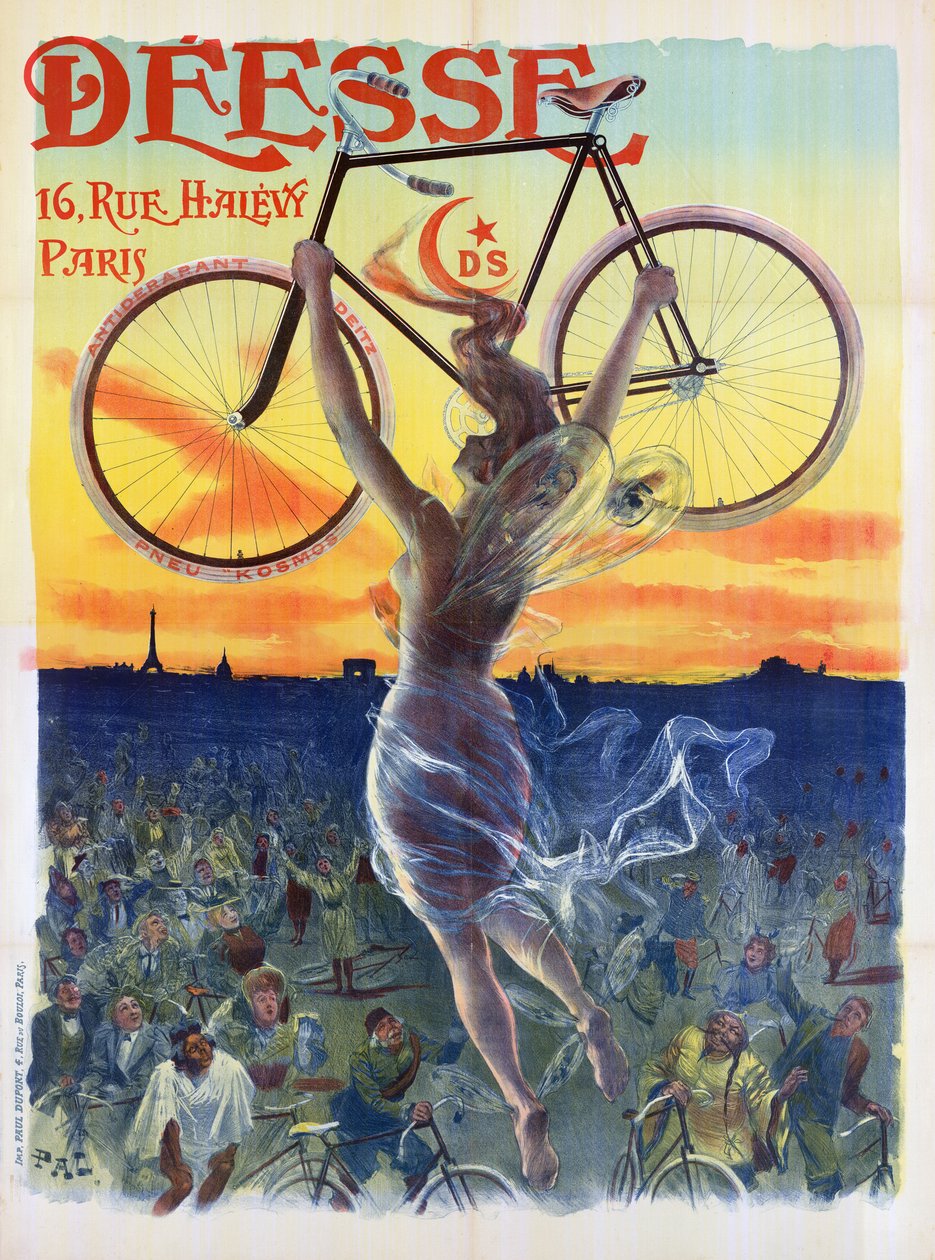 Vintage französisches Plakat einer Göttin mit Fahrrad, ca. 1898 von Pal