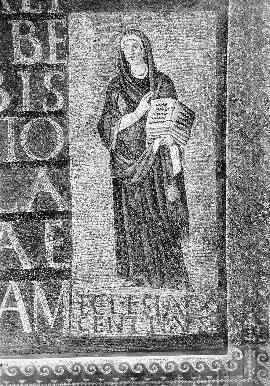 Figur, die die Kirche der Heiden darstellt und Teil der sieben Hexameter-Inschriften (Mosaik) von Paleo Christian