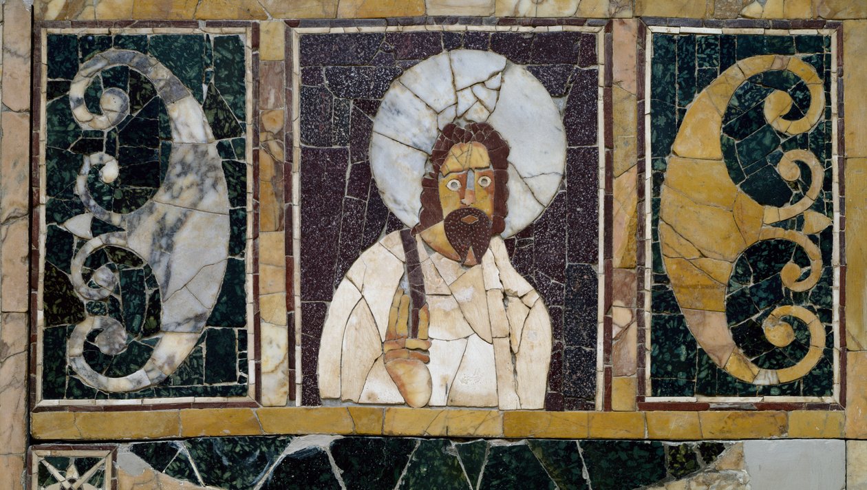 Marmorintarsie, die das Gesicht Christi darstellt, Artefakt aus Rom, Italien, frühchristliche Zeit von Paleo Christian