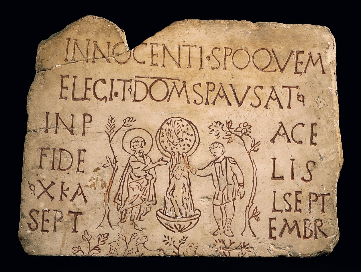 Grabstein mit Inschrift und der Taufe Christi, frühchristliche Zeit, 3. Jahrhundert von Paleo Christian