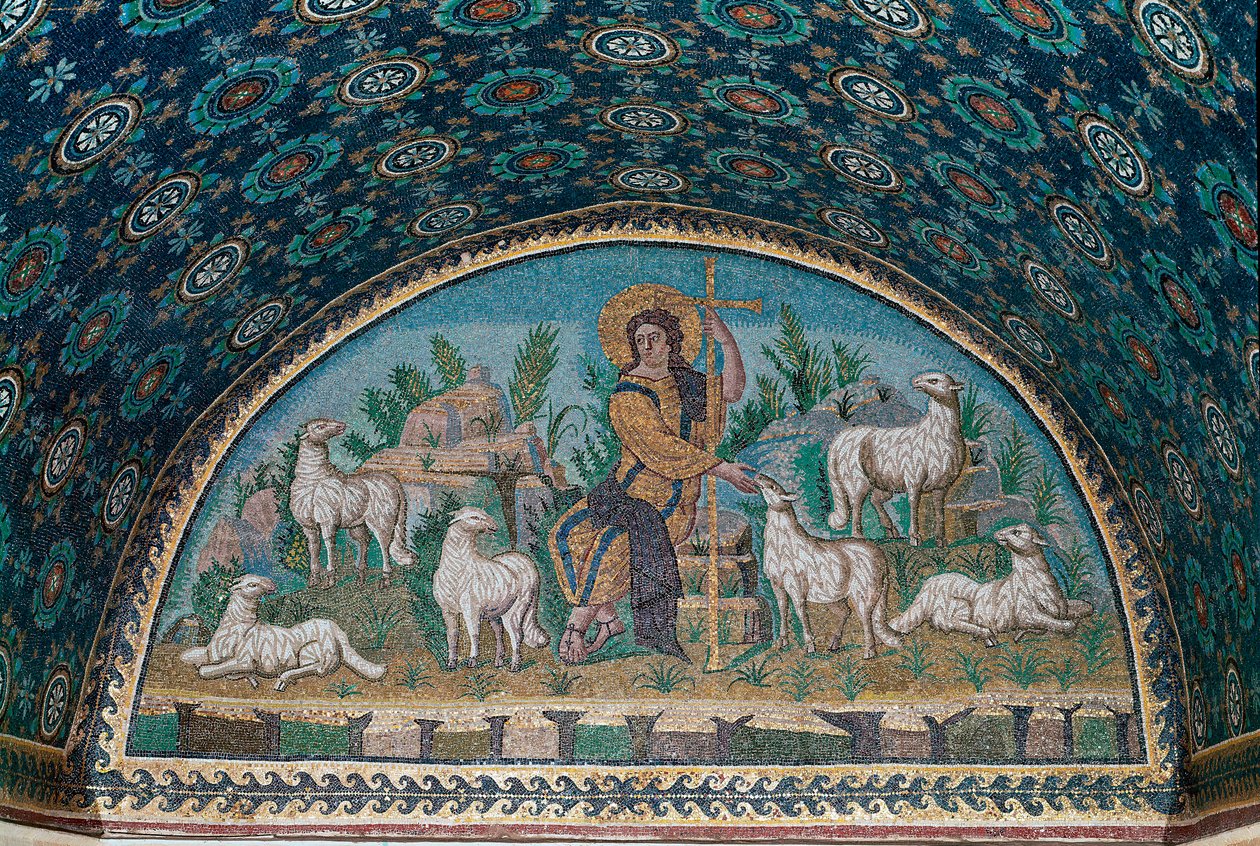 Guter Hirte. Mosaik des Bogens über der Eingangstür des Mausoleums von Galla Placidia, ca. 425 (Mosaik) von Paleo Christian