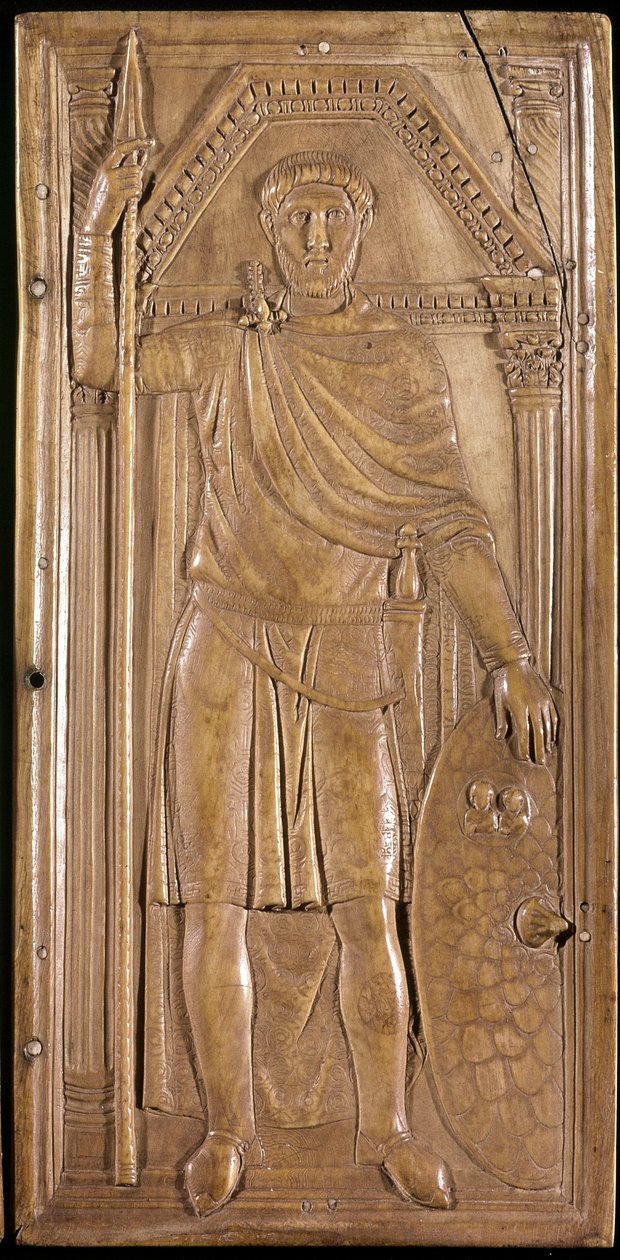 Stilicho in Rüstung, General, Patrizier und Konsul des Weströmischen Reiches. Rechtes Panel des Dyptichons von Stilicho (Elfenbeinskulptur, ca. 395) von Paleo Christian