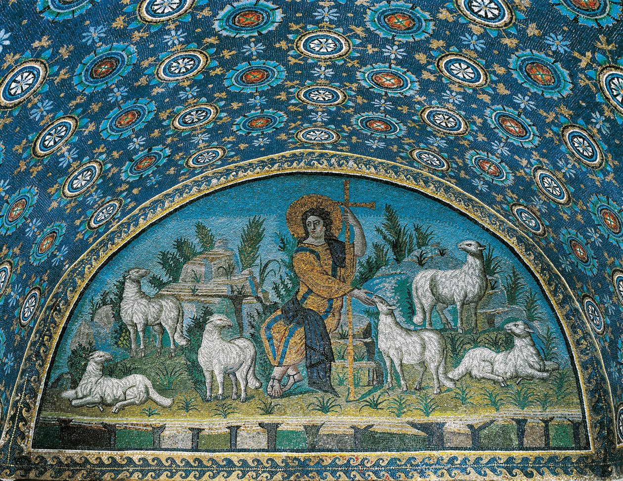 Der gute Hirte, Mosaik des Tympanons über der Eingangstür des Mausoleums von Galla Placidia, ca. 425 von Paleo Christian
