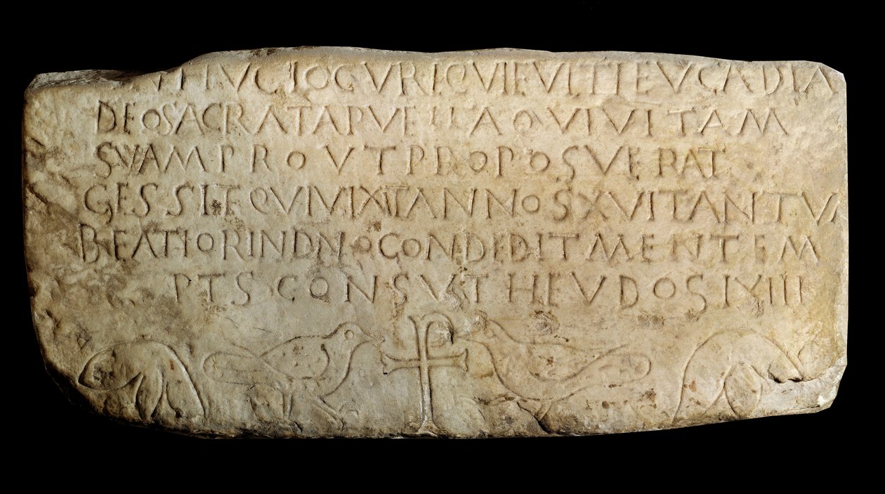 Paläochristliche Kunst: Epitaph von Leucadia. Platte aus der alten Kirche der Makkabäer in Lyon. Paris, Louvre Museum von Paleo Christian Paleo Christian