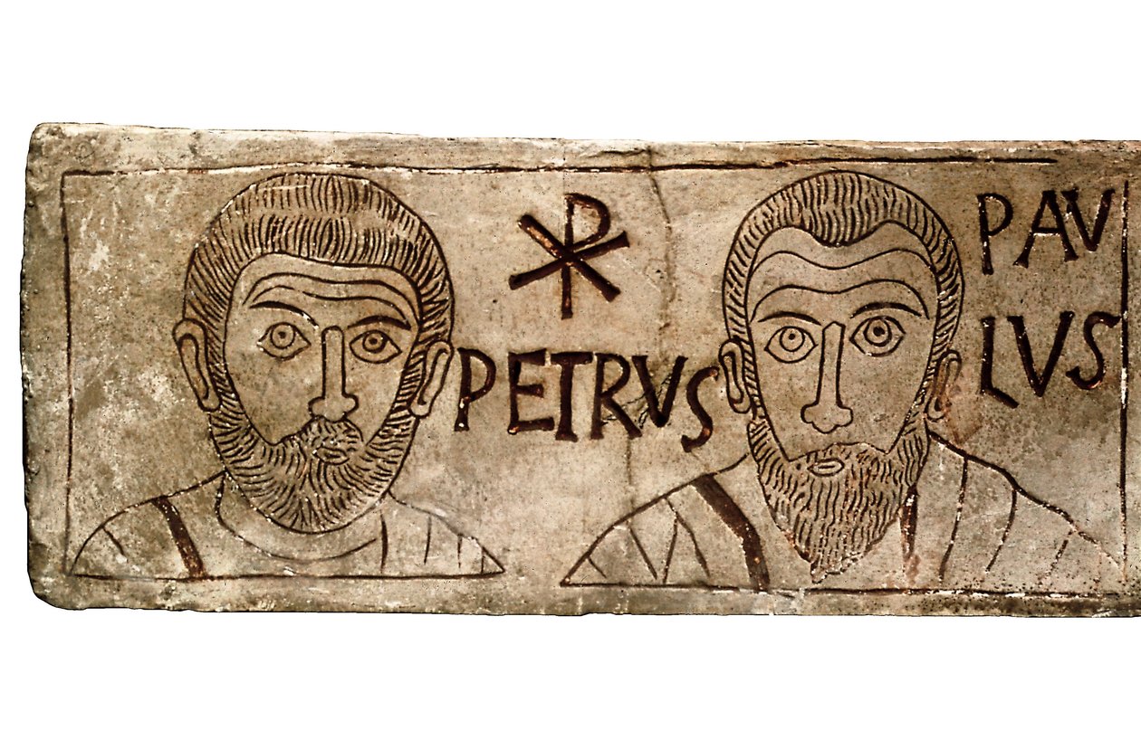 Sarkophag mit Darstellung der Apostel Petrus und Paulus, frühchristliche Zivilisation von Paleo Christian Paleo Christian