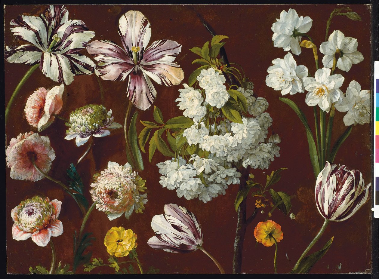 Lila Tulpen, weiße blühende Prunus, Narzissen und rosa Chrysantheme von Pancrace Bessa