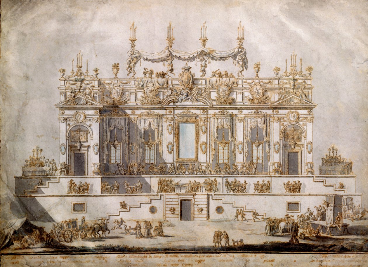 Querschnitt eines großen Hauses, Entwurf für die Festa della Chinea, gezeichnet von G. Palazzi, 1764 von Paolo Posi