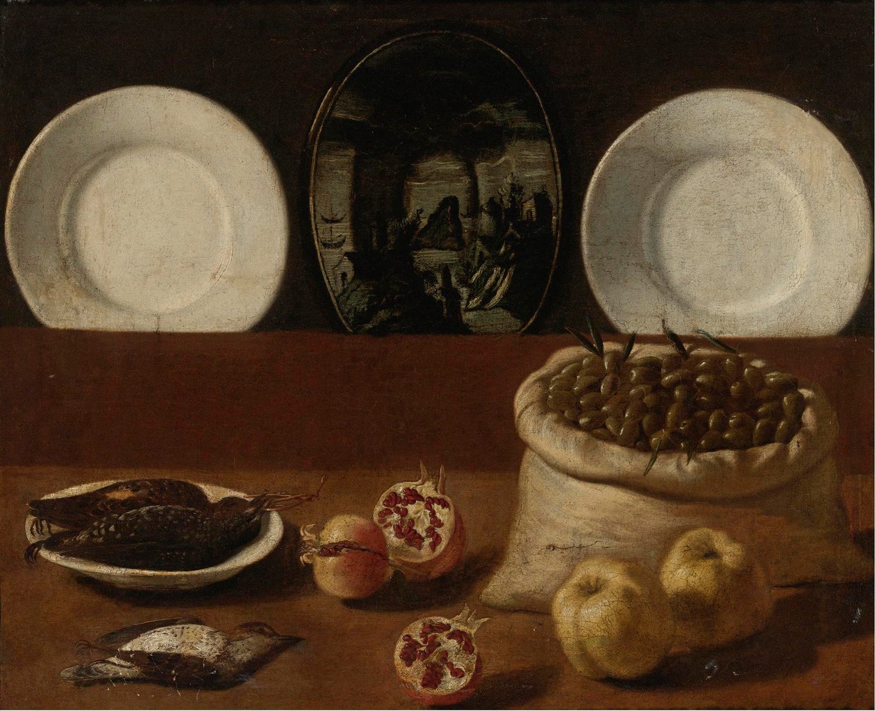 Stillleben mit Tellern, einem Sack voller Oliven, Wild, Granatäpfeln und Quitten von Paolo Antonio Barbieri