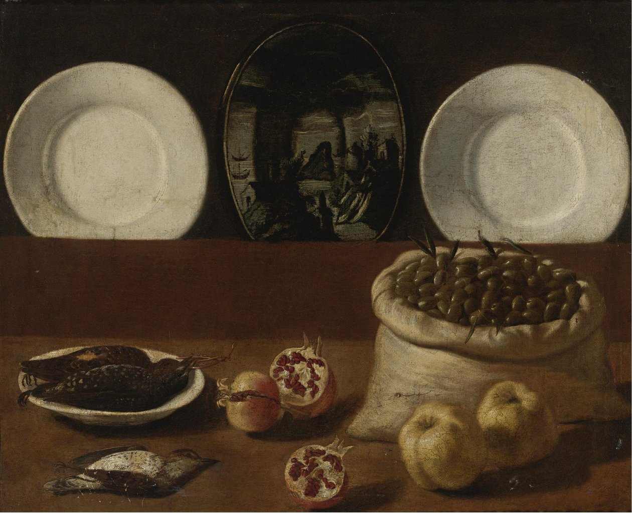 Stillleben mit Tellern, einem Sack voller Oliven, Wild, Granatäpfeln und Quitten von Paolo Antonio Barbieri
