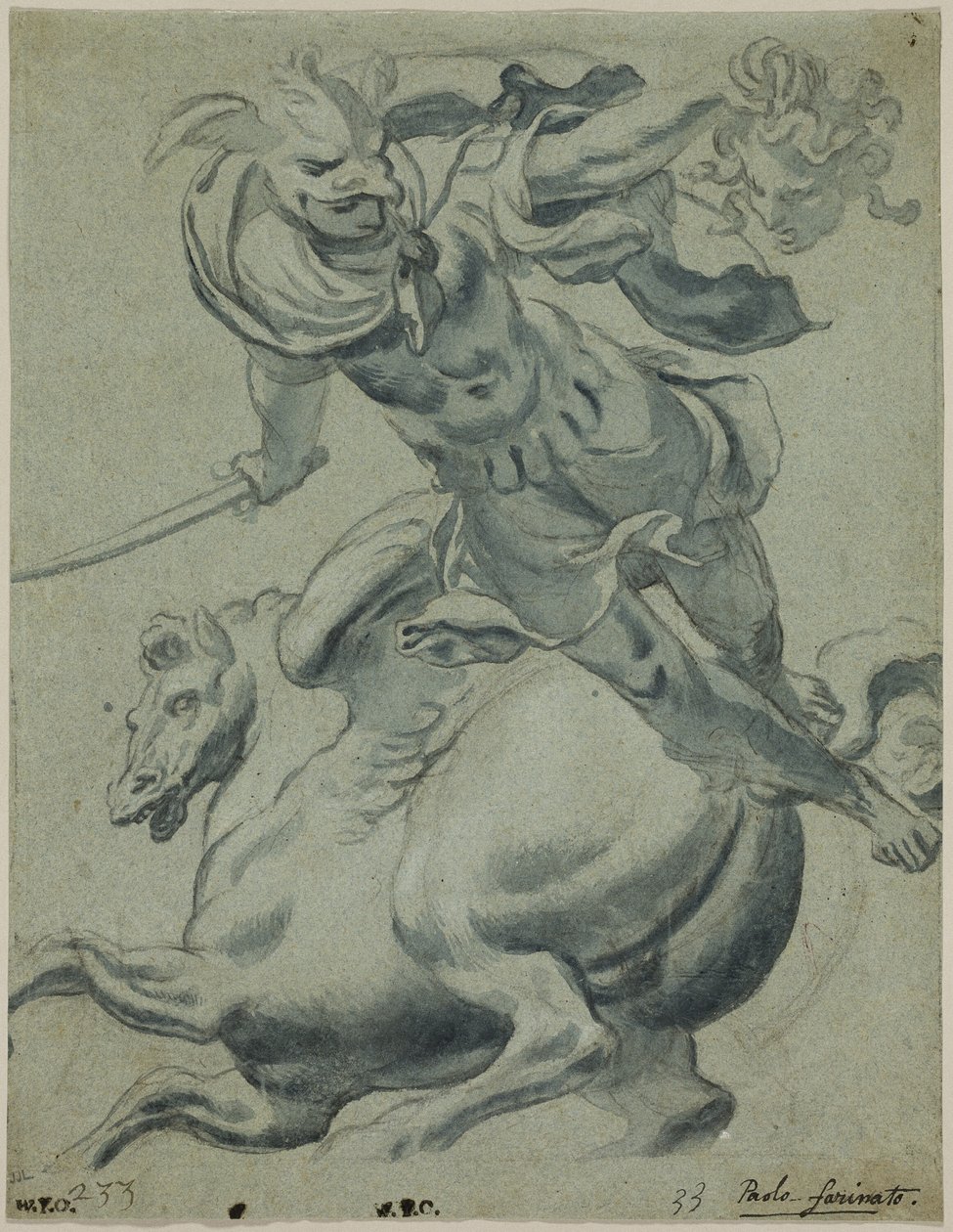 Perseus hält den Kopf der Medusa, mit Pegasus im Hintergrund von Paolo Farinati
