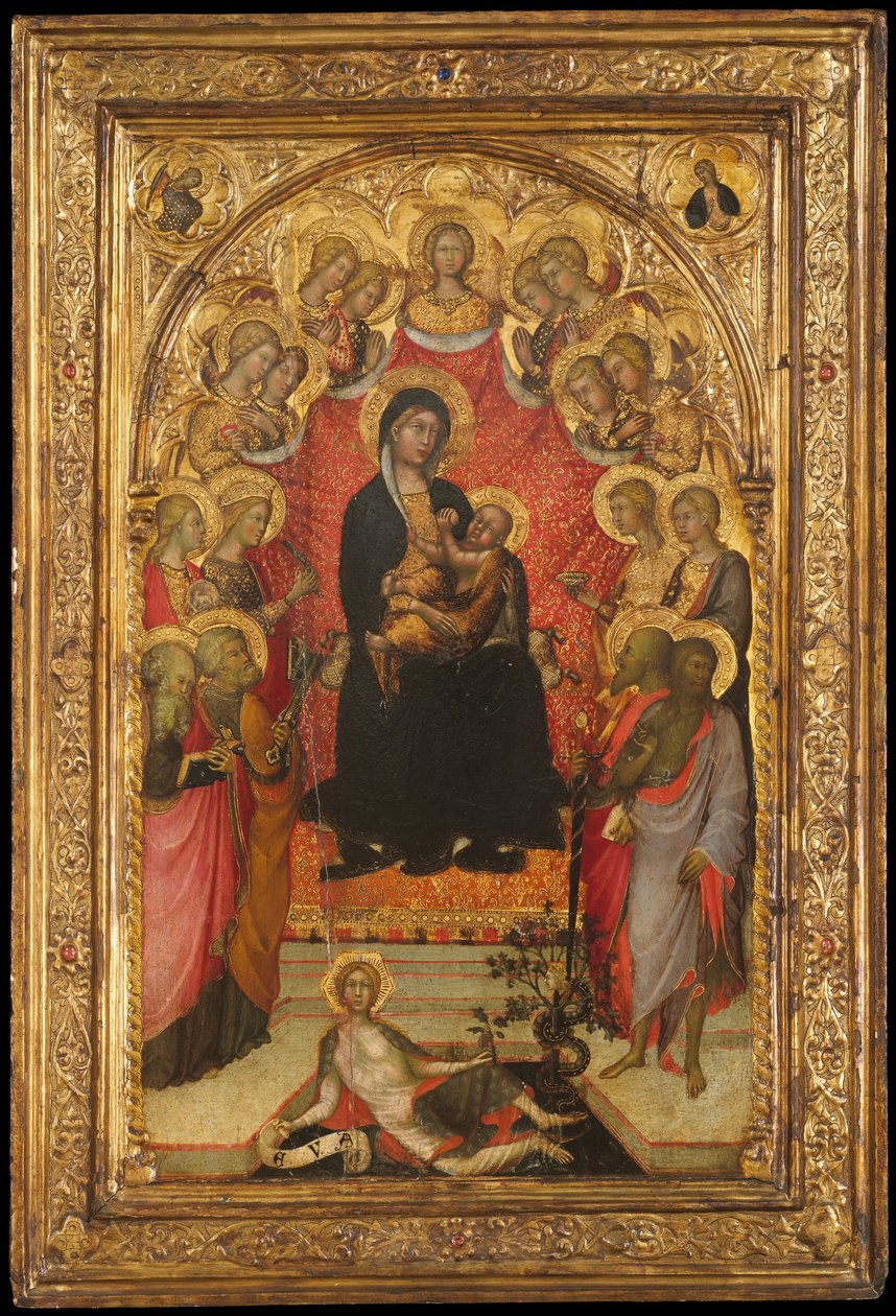 Madonna und Kind auf dem Thron mit dem heiligen Johannes dem Evangelisten, dem heiligen Petrus, der heiligen Agnes von Paolo di Giovanni Fei