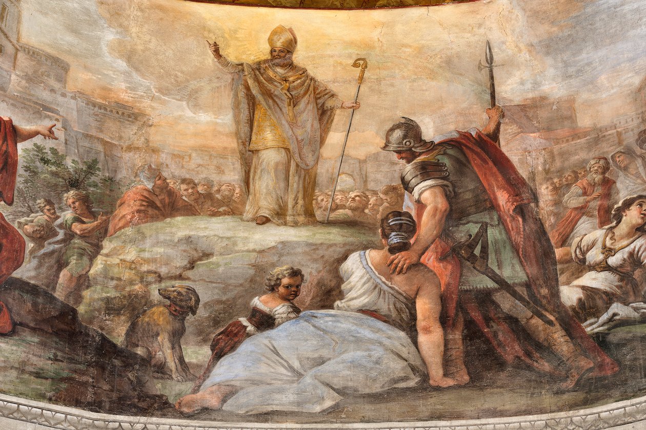 Fresken von Paolo de Matteis aus dem Jahr 1714 auf dem Gewölbe und der Trommel, das Leben des Heiligen darstellend, Kapelle von San Cataldo in der Kathedrale, Taranto, Italien von Paolo di Matteis