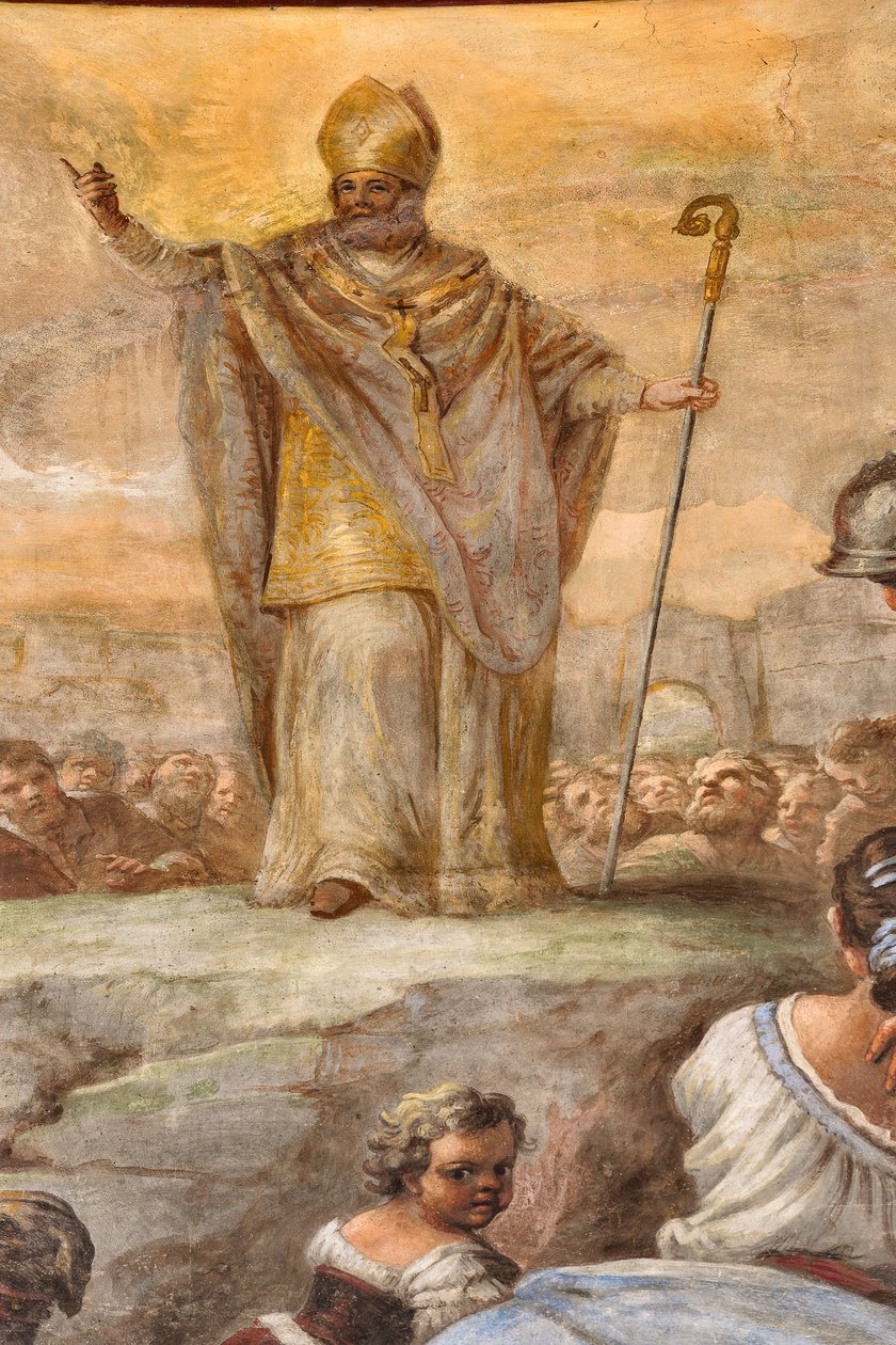 Fresken von Paolo de Matteis aus dem Jahr 1714 an der Decke und am Trommel, die das Leben des Heiligen darstellen, Kapelle von San Cataldo in der Kathedrale, Taranto, Italien von Paolo di Matteis