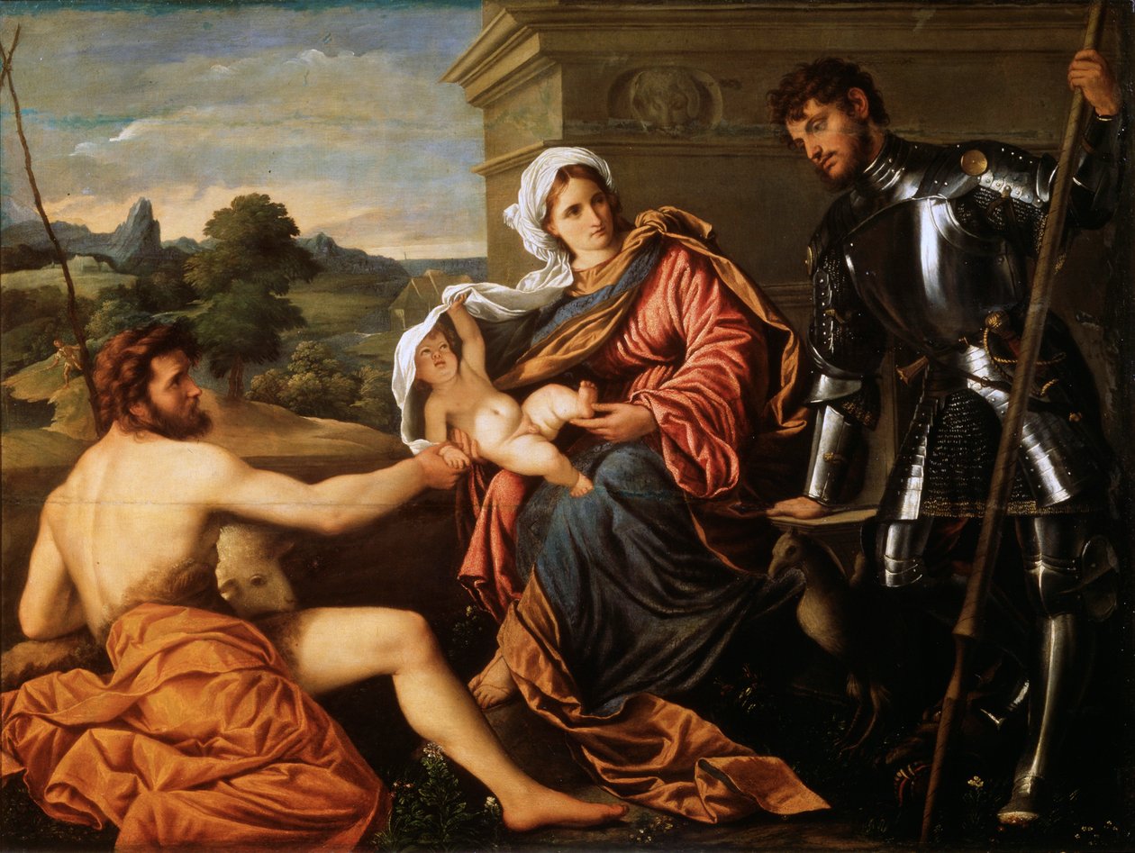 Madonna mit Kind, Johannes dem Täufer und St. Georg, frühe 1530er von Paris Bordone