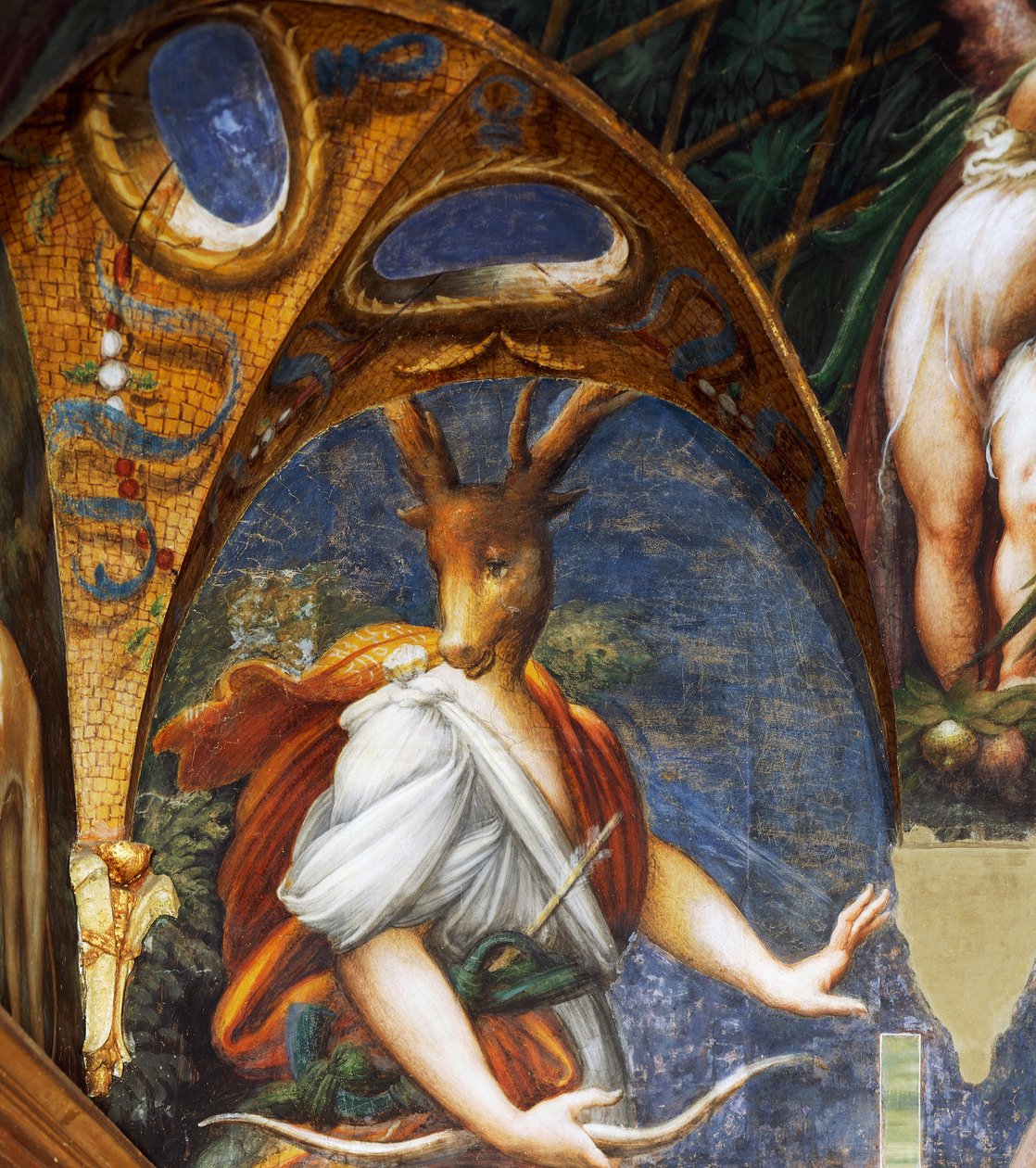 Actaeon wird von Diana in einen Hirsch verwandelt, Detail aus dem Saal der Diana und Acteon von Parmigianino
