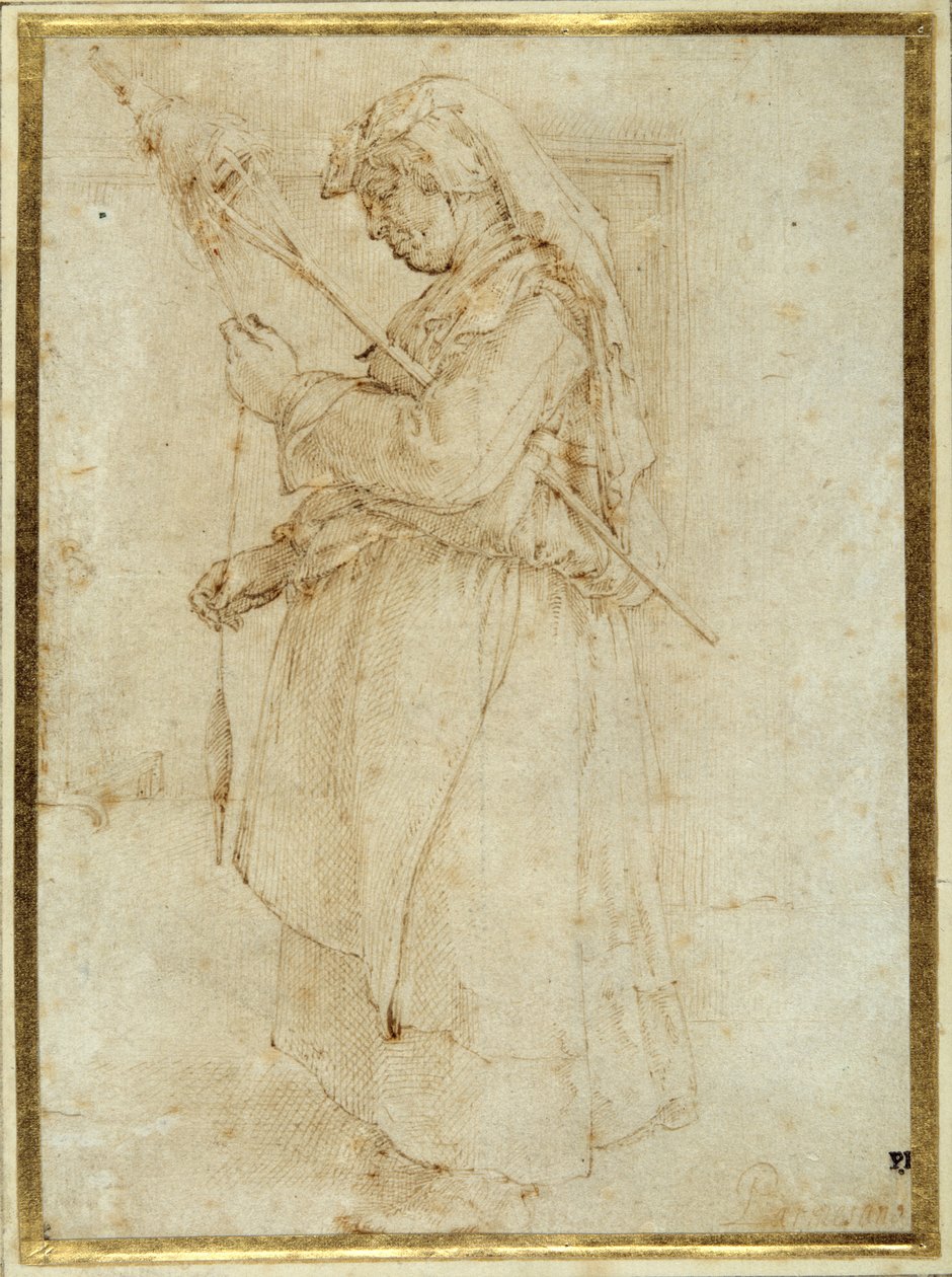 Alte Frau mit einer Spindel, die vor einem Kamin steht von Parmigianino