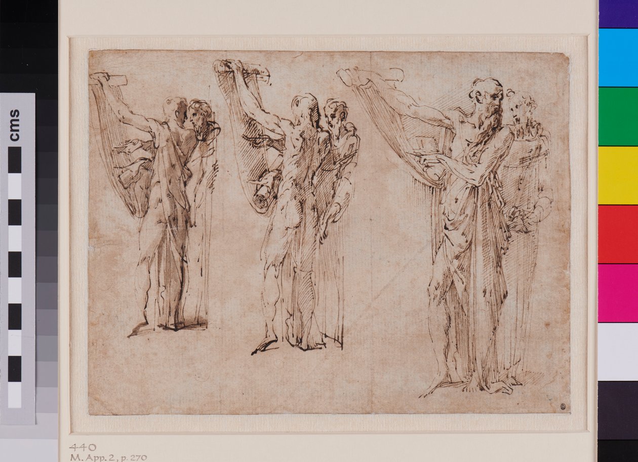 Drei Studien von St. Jerome und St. Franziskus im Gespräch, recto um 1534 - 1539 von Parmigianino (1503-40)