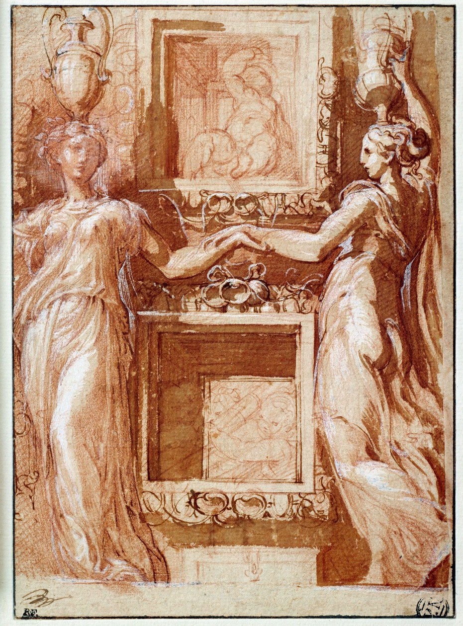 Zwei Kanephoren, die ihre Hand geben, auf beiden Seiten von Kisten Zeichnung in Tinte, Waschung, Blut und weißen Klappen von Girolamo Francesco Maria Mazzola, genannt Parmigianino oder Le Parmesan von Parmigianino