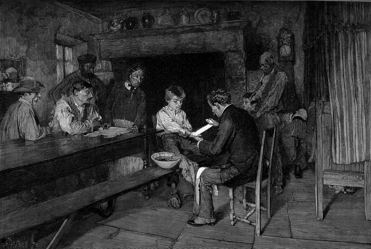 Der Unfall (1879): Ein Arzt heilt die Verletzung eines jungen Bauern. Gravur nach dem Gemälde von Pascal Dagnan-Bouveret (Dagnan Bouveret) (1852-1929). In „Das illustre Universum“ Nr. 1208 vom 22. Mai von Pascal Adolphe Jean Dagnan Bouveret