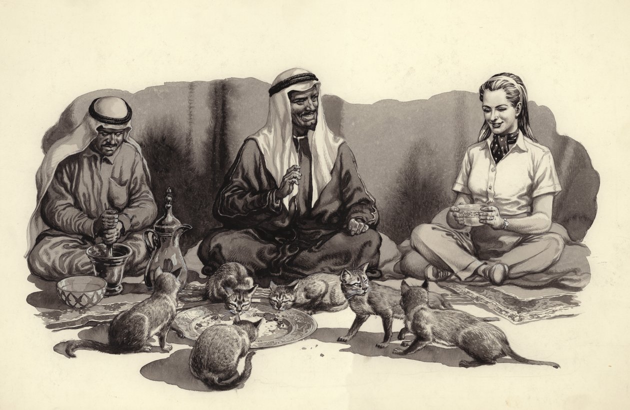 Ein arabischer Mann füttert seine Katzen von Pat (1907 95) Nicolle