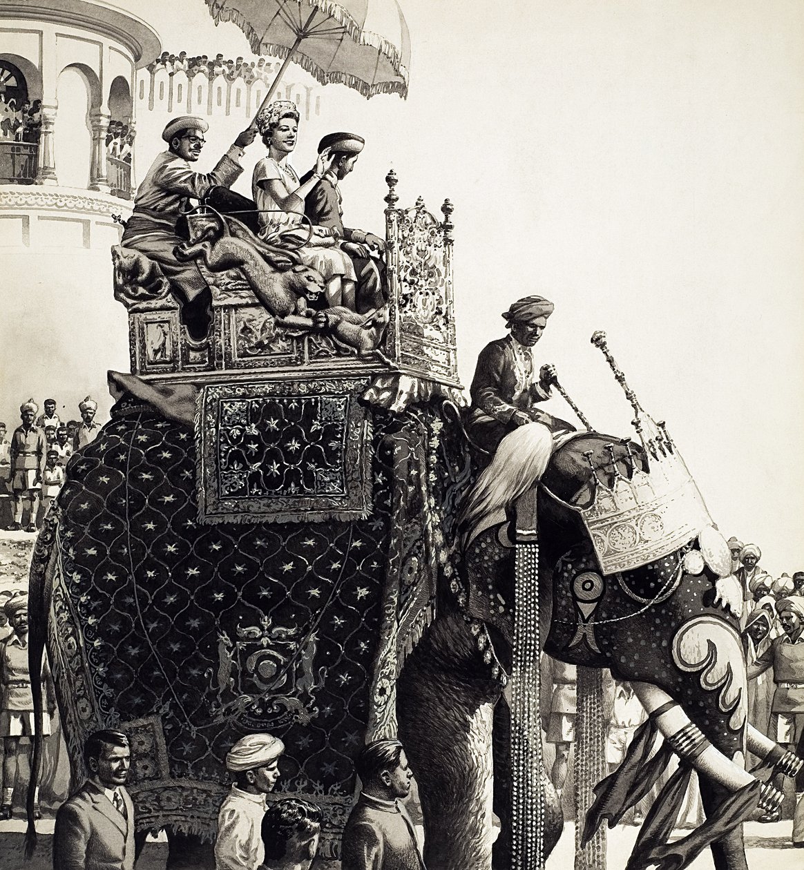 Königin Elizabeth II. auf einem Elefanten von Pat (1907 95) Nicolle