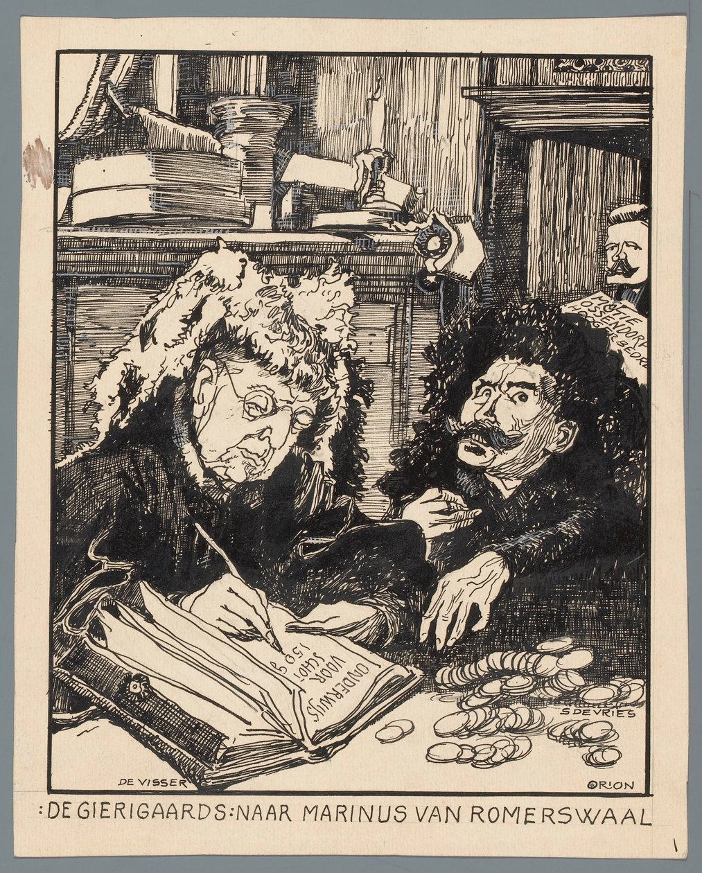 Minister De Visser und Simon de Vries als Steuerbeamte von Patricq Kroon (signed by artist)