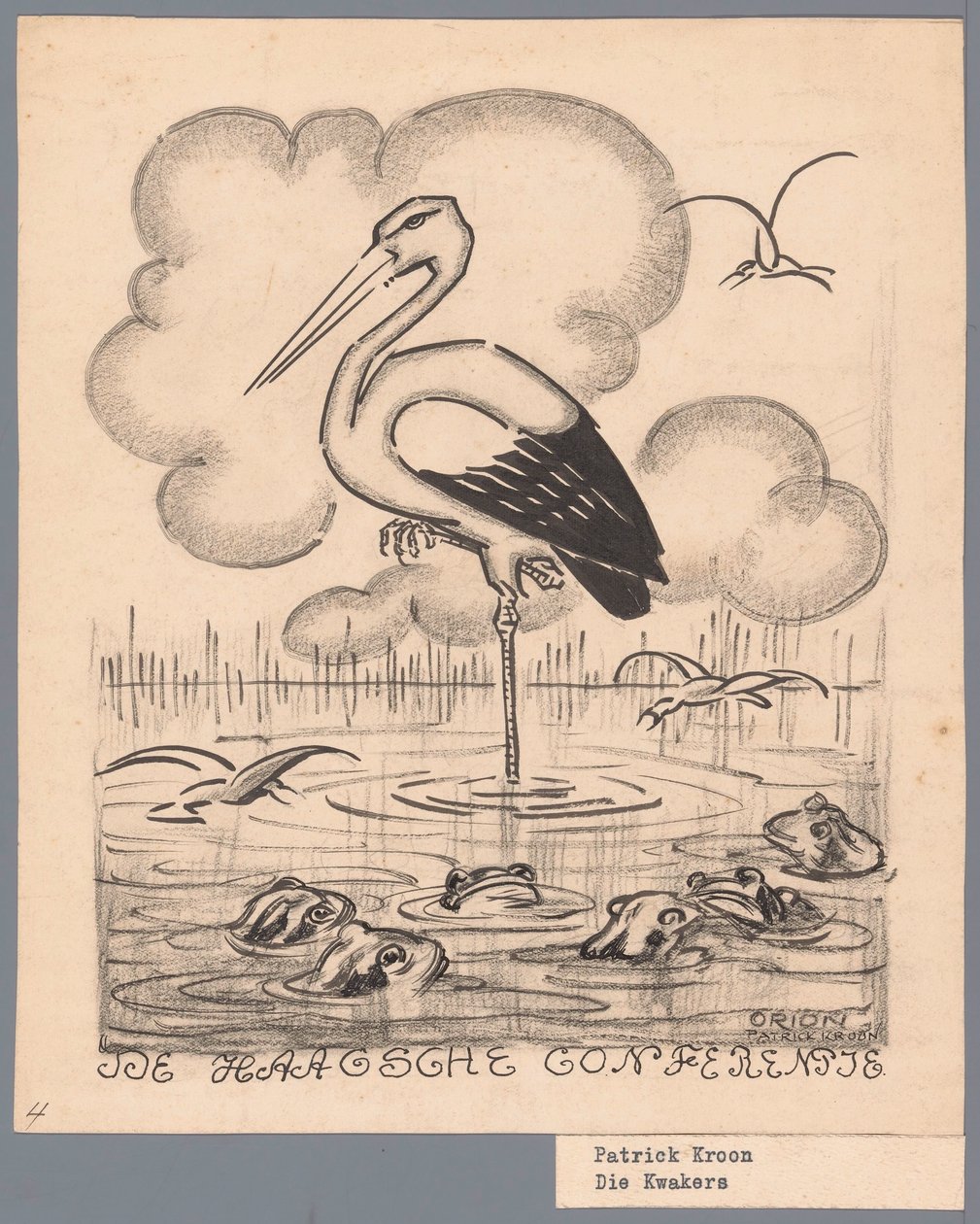 Storch zwischen Fröschen von Patricq Kroon (signed by artist)