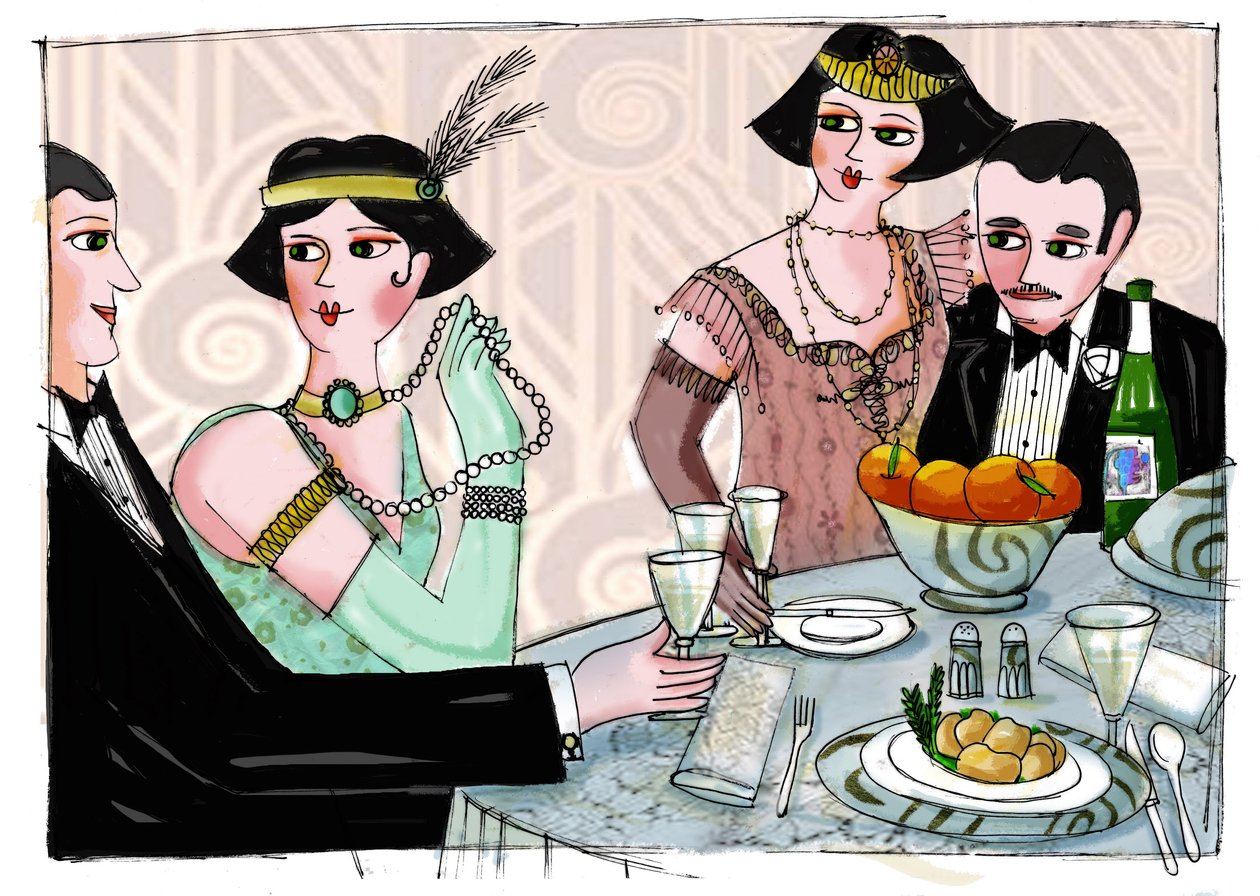 Illustration eines weltlichen Abendessens in „Gatsby der Prächtige“ von dem amerikanischen Schriftsteller Francis Scott Fitzgerald (1896-1940) (Der große Gatsby) Zeichnung von Patrizia Laporta von Patrizia La Porta