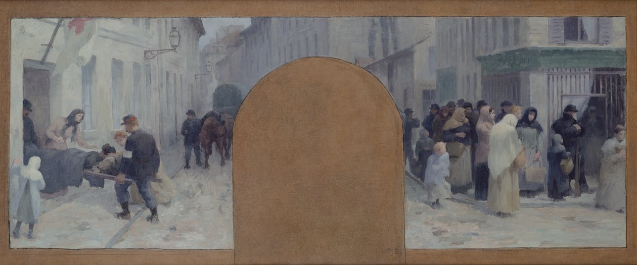 Transport der Verletzten zum Krankenwagen und die Schlange vor einem Geschäft von Paul Albert Baudouin