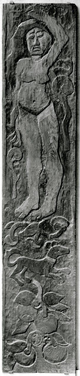 Geschnitztes vertikales Paneel aus dem Türrahmen von Gauguins letztem Wohnsitz in Atuona auf Hiva Oa (Marquesas-Inseln), 1902 von Paul Gauguin