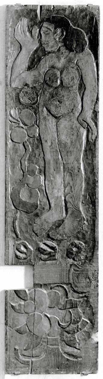 Geschnitztes vertikales Paneel aus dem Türrahmen von Gauguins letztem Wohnsitz in Atuona auf Hiva Oa (Marquesas-Inseln), 1902 von Paul Gauguin