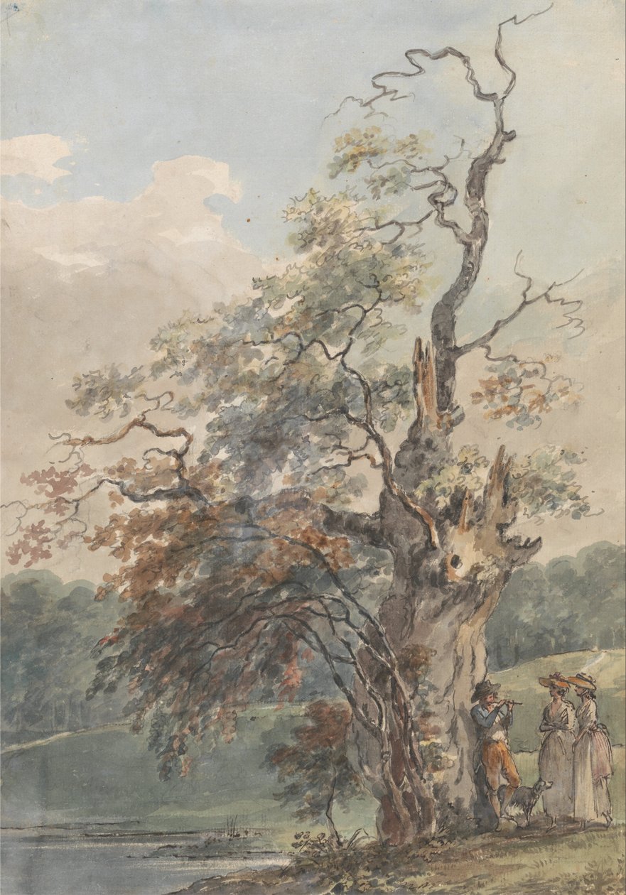 Landschaft mit einem Mann, der unter einem alten Baum eine Pfeife spielt von Paul Sandby