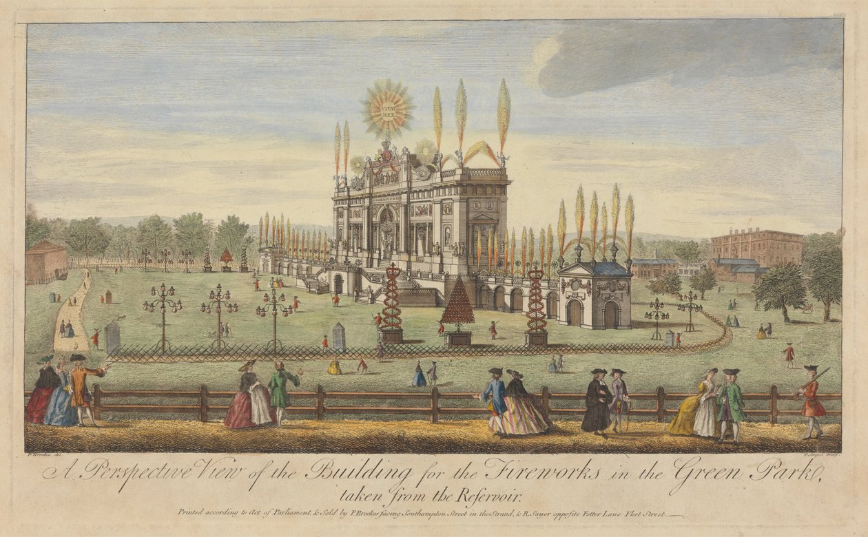 Eine perspektivische Ansicht des Gebäudes für das Feuerwerk im Green Park, vom Reservoir aus gesehen von Paul Angier