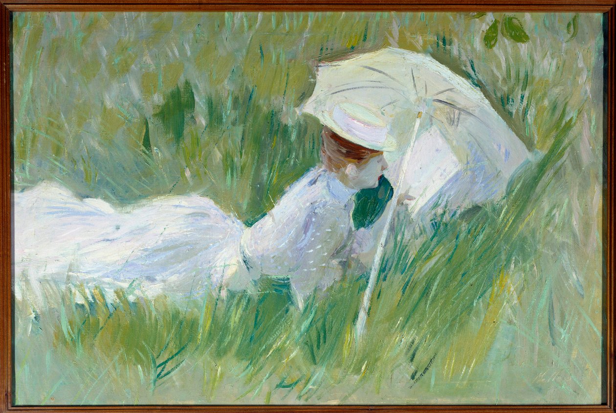 Porträt von Madame Helleu, Ehefrau des Malers, im Gras Gemälde von Paul Cesar Helleu vor 1927, Öl auf Leinwand, Rouen, Museum der Schönen Künste von Paul Cesar Helleu