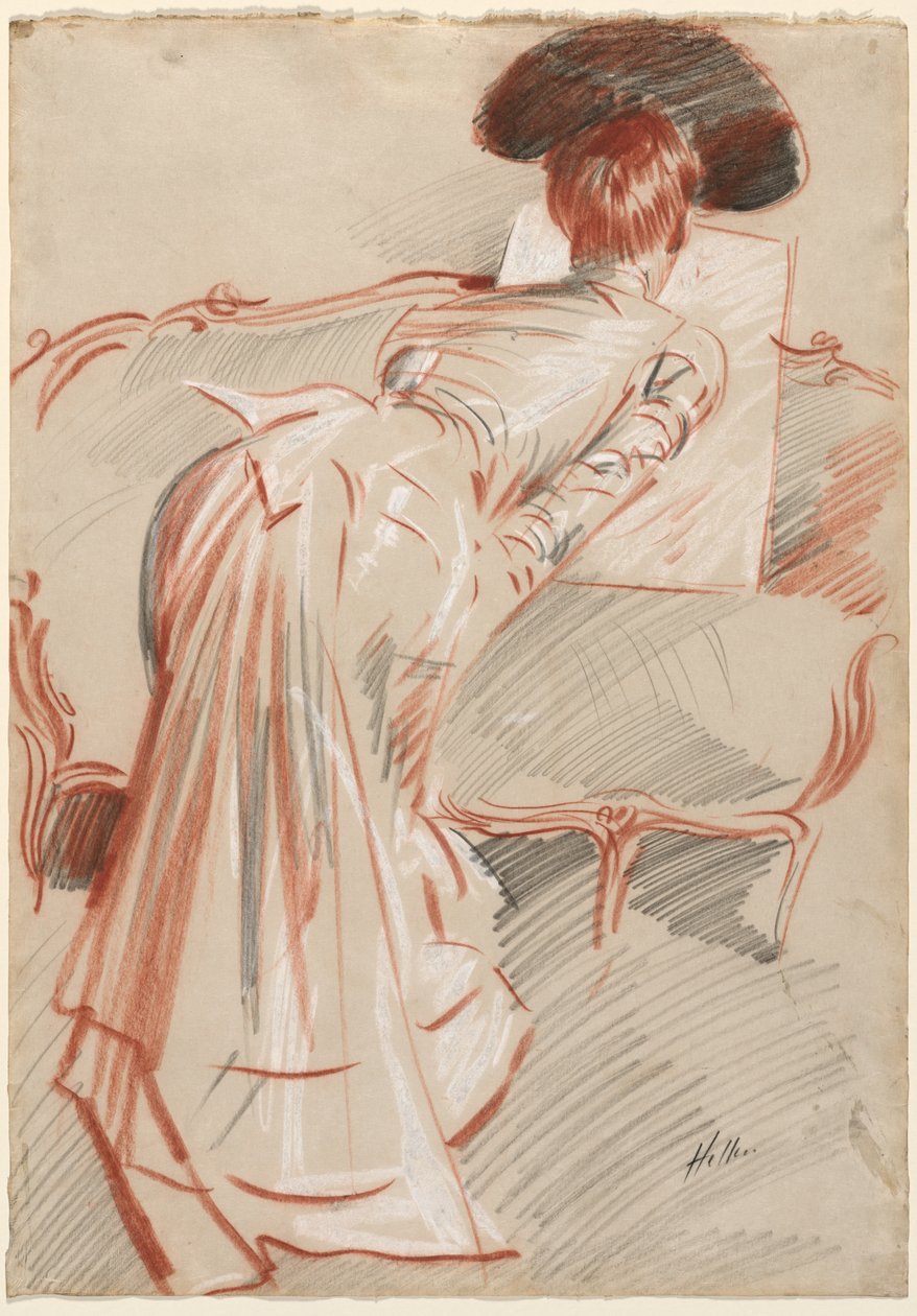 Frau (möglicherweise Madame Alice Hellu) betrachtet eine Zeichnung von Paul Cesar Helleu