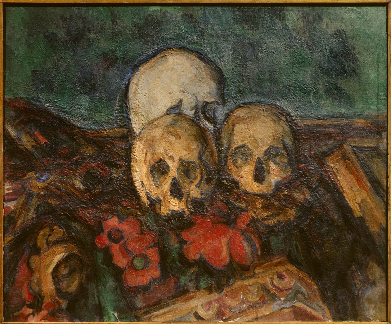 Drei Schädel auf einem orientalischen Teppich von Paul Cézanne